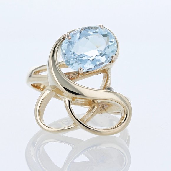 14K Gold Solitaire Swiss Blue Topaz Anniversary Cocktail Statement Swirl Ring